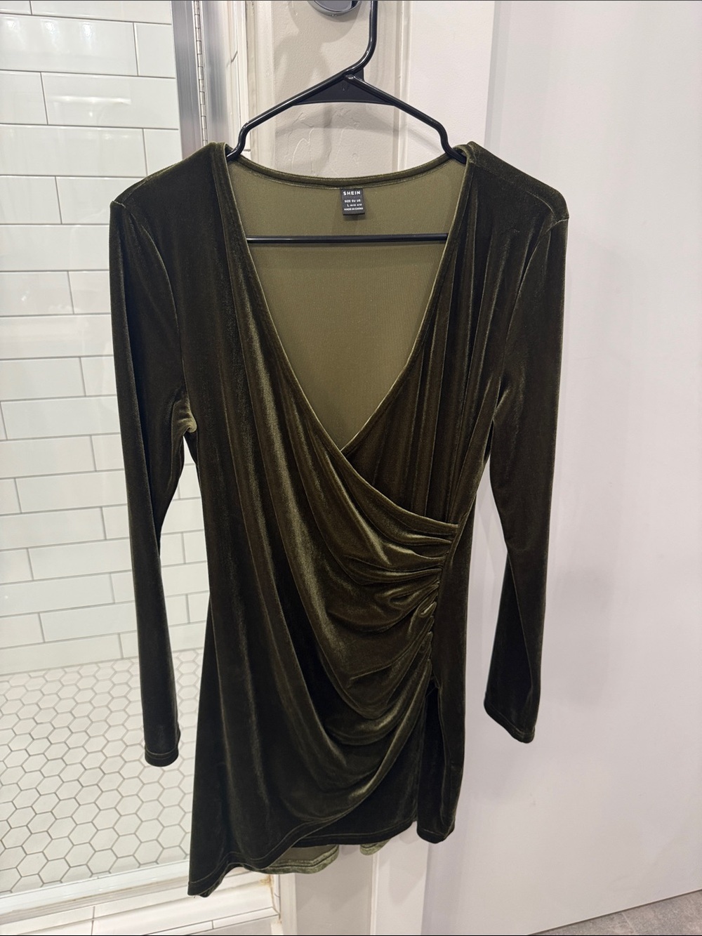 SHEIN Olive Green Velvet Drape Long Sleeve Dress